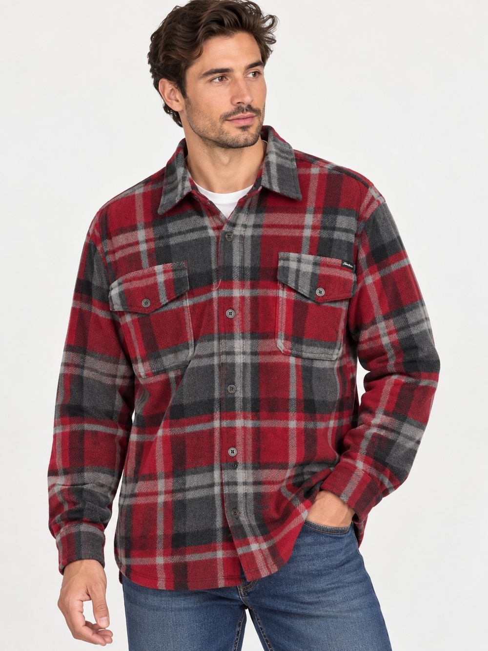 Eddie Bauer Red & Gray Plaid Flannel Shirt Jacket